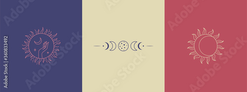 Set of linear magic signs and symbols. Mysterious illustrations. A logo for an isoteric store, for a witch. Silhouette of a hand in a circle holds the moon and stars, lunar eclipse, stylized sun.
