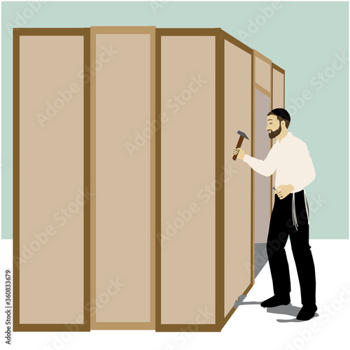 Vector drawing of observant Jew. Sukkah Builder.
The figure holds a hammer and a nail. And standing next to a tree wall.
The man has a beard, and a white shirt