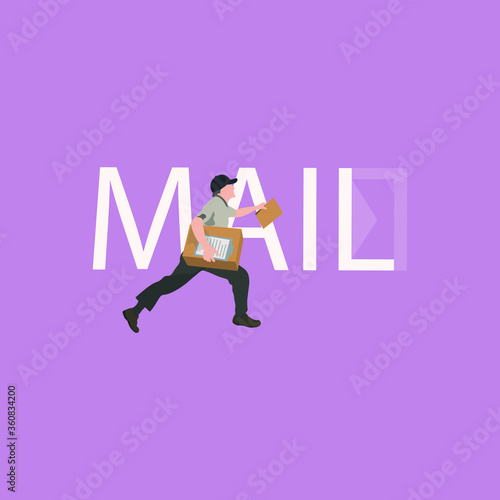 The postman carries letters, parcels. Illustration with the inscription mail.