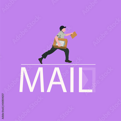 The postman carries letters, parcels. Illustration with the inscription mail.