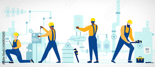 Vector of construction team installing or repairing home heating supply system in the basement