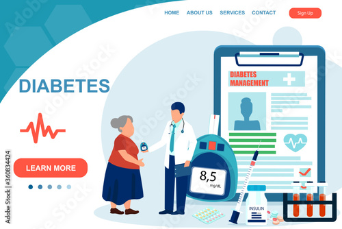 Vector of a doctor giving consultation to a diabetes mellitus type 1 patient on how to keep under control blood glucose level with insulin and pills