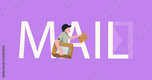 The postman carries letters, parcels. Illustration with the inscription mail.