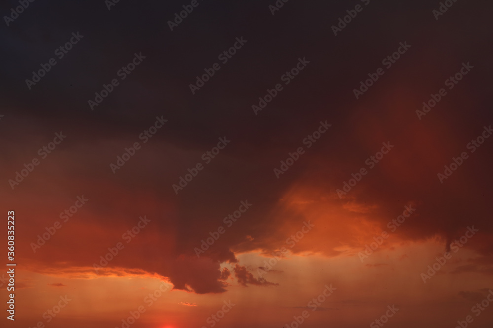 Edge of rain cloud in warm sunset light. Panoramic view of virga and clouds in vivid orange light. Hot summer rainfall.