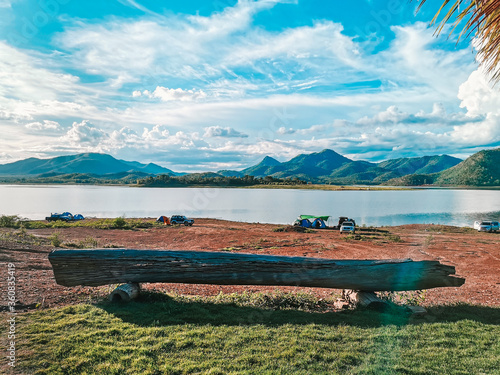 Mountain view with blue sky at Lam Taphoen Reservoir, Suphan Buri, Thailand photo