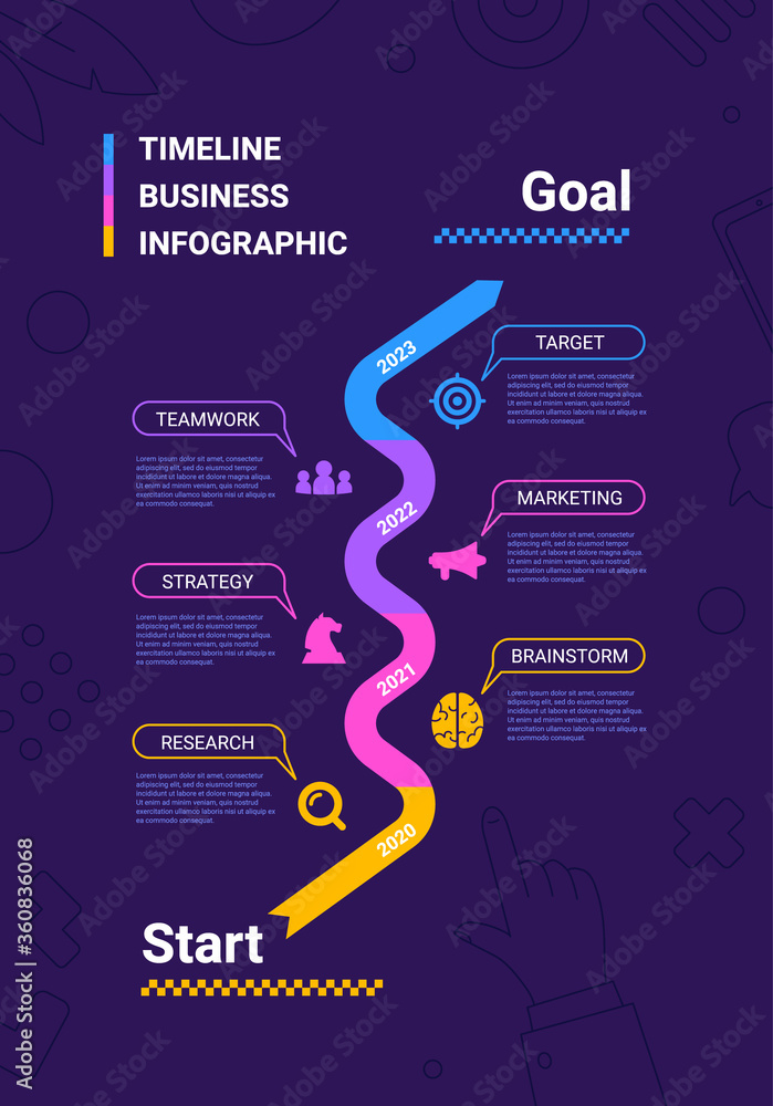 Fototapeta Vector business illustration of timeline infographics template on dark background with business icon and text.