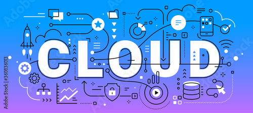 Vector abstract technology illustration of word cloud and connected business icon on color background with line and cloud.