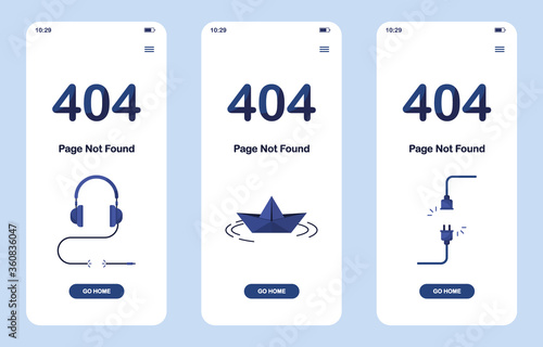 Set 404 error page not found banner. Mobile version. Headphones with a torn, cut wire. Origami paper boat, ship. Disconnected sparkling cable with socket. For website. Web Template. Blue. Eps 10