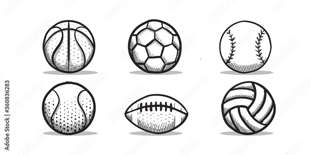 Vector Set of Sports Ball Hand Drawn Sketch Vintage Style Isolated in White Vector Set of Sports Ball Hand Drawn Sketch Vintage Style Isolated in White