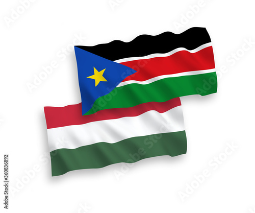 Flags of Republic of South Sudan and Hungary on a white background