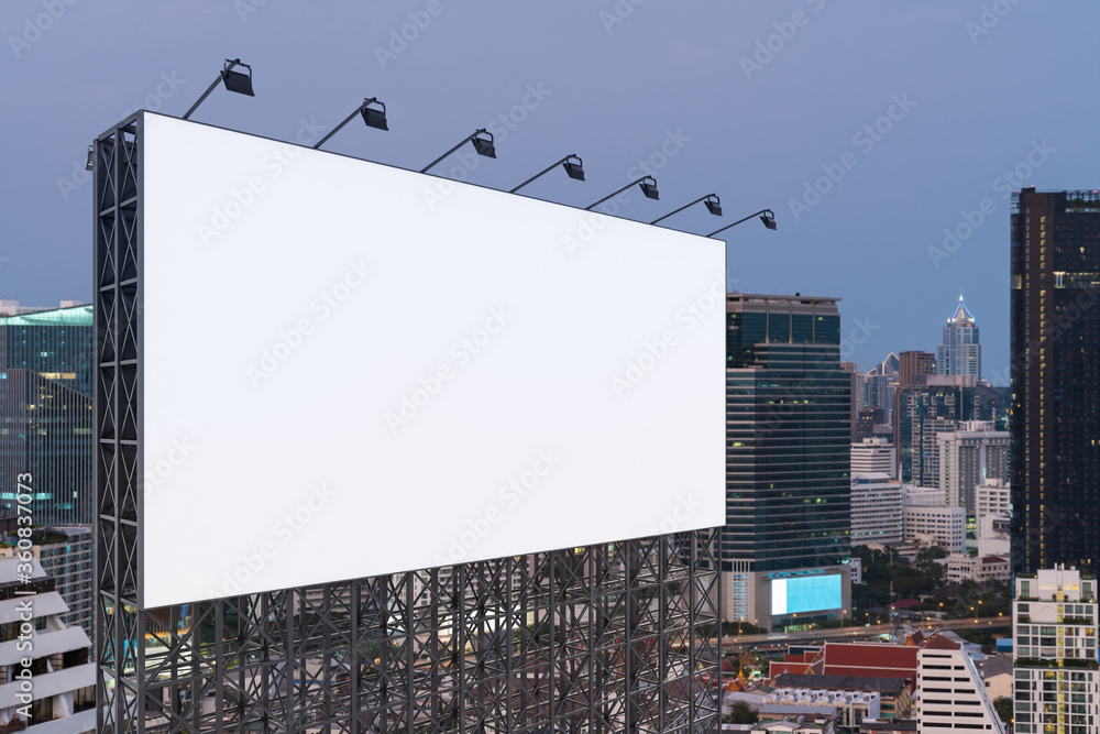 Blank white road billboard with Bangkok cityscape background at sunset. Street advertising poster, mock up, 3D rendering. Side view. The concept of marketing communication to promote or sell idea. Blank white road billboard with Bangkok cityscape background at sunset. Street advertising poster, mock up, 3D rendering. Side view. The concept of marketing communication to promote or sell idea.