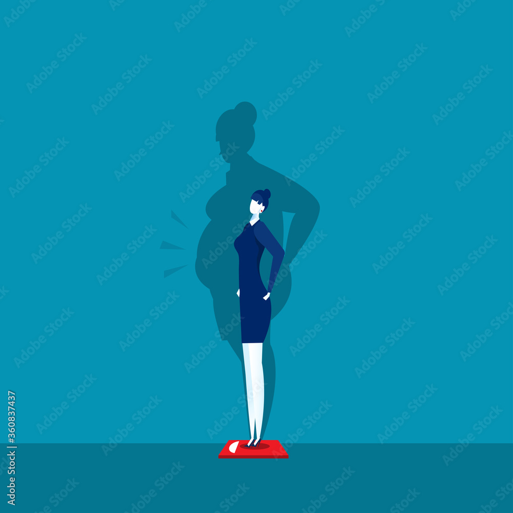  Slim girl weighing on scales with fat shadow.  Vector illustration