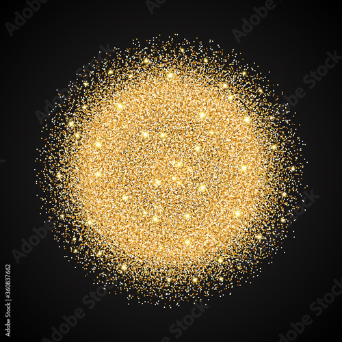 Vector template with golden sparkle glitter. Shining gold circle frame on black background