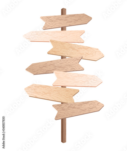 Vector wooden empty signpost on white background. Sign board arrow illustration