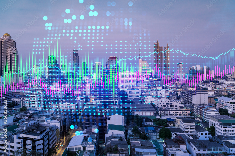 Obraz premium Market behavior graph hologram, sunset panoramic city view of Bangkok, popular location to achieve financial degree in Asia. The concept of financial data analysis. Double exposure.