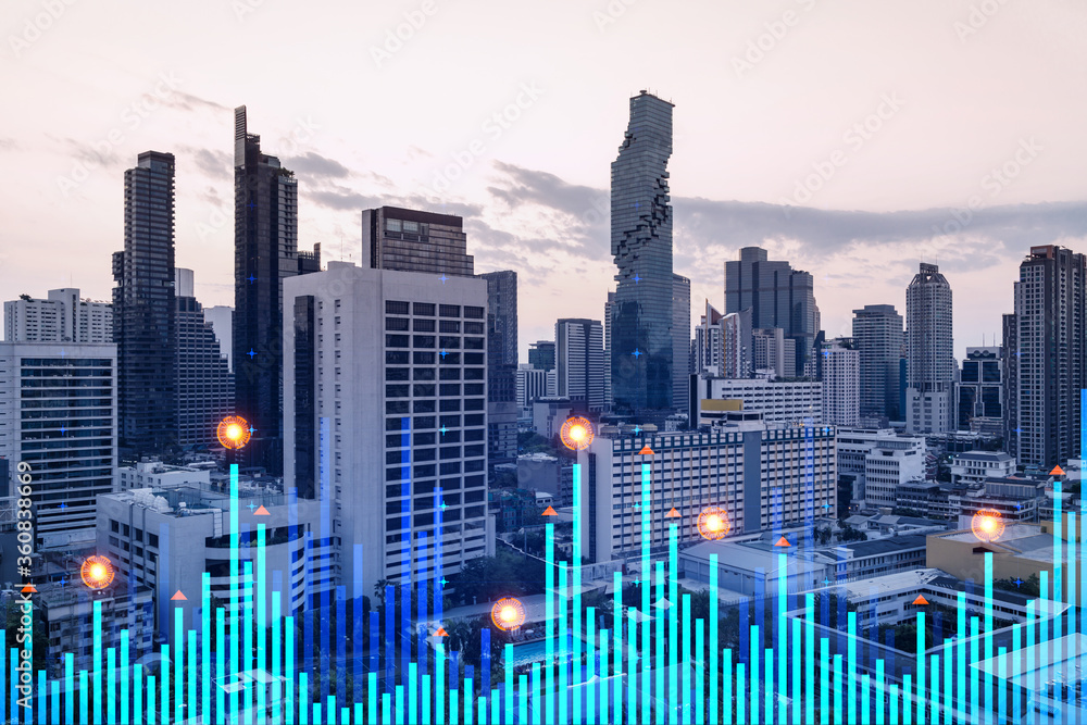 Market behavior graph hologram, sunset panoramic city view of Bangkok, popular location to achieve financial degree in Asia. The concept of financial data analysis. Double exposure.