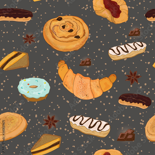 WebSeamless pattern with about sweet pastries, croissant, raisin roll, eclair, donut.