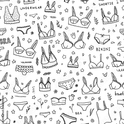 Lingerie seamless pattern. Vector underwear background design. Outline hand drawn illustration. Bras and panties doodle.