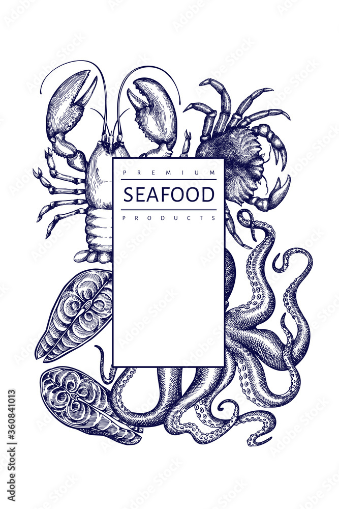 Seafood design template. Hand drawn vector seafood illustration. Engraved style food banner. Retro sea animals background