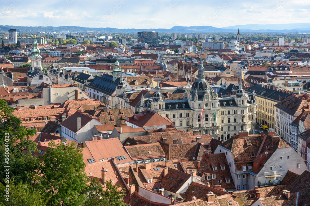 High angle view of old town from the mountain of Graz
