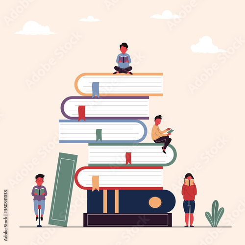 Book library educational concept characters. Flat design, vector illustration