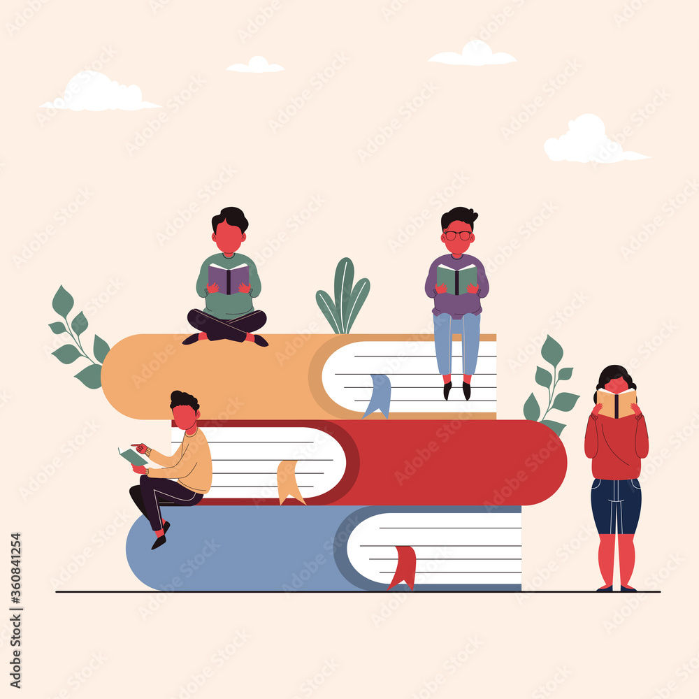 People reading books sitting on a stack of books. Flat design, vector illustration People reading books sitting on a stack of books. Flat design, vector illustration