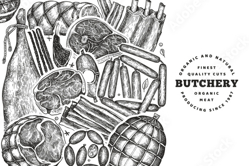 Vintage vector meat products design template. Hand drawn ham, sausages, jamon, spices and herbs. Raw food ingredients. Vintage illustration. Can be use for restaurant menu.