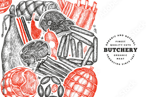 Vintage vector meat products design template. Hand drawn ham, sausages, jamon, spices and herbs. Raw food ingredients. Vintage illustration. Can be use for restaurant menu. photo