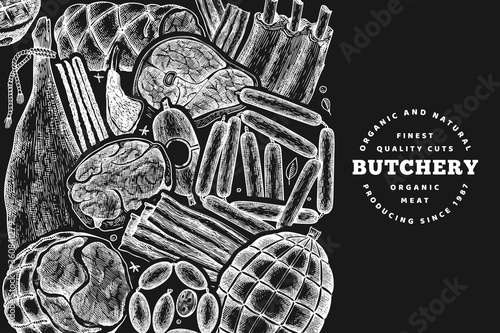 Vintage vector meat products design template. Hand drawn ham, sausages, jamon, spices and herbs. Vintage illustration on chalk board. Can be use for restaurant menu. photo