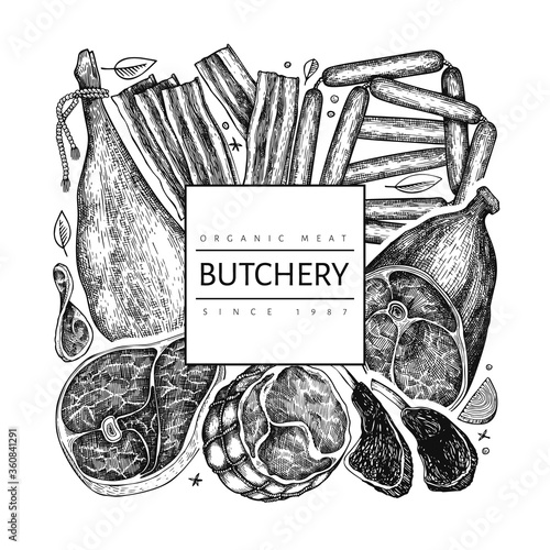 Vintage vector meat products design template. Hand drawn ham, sausages, jamon, spices and herbs. Raw food ingredients. Vintage illustration. Can be use for restaurant menu.