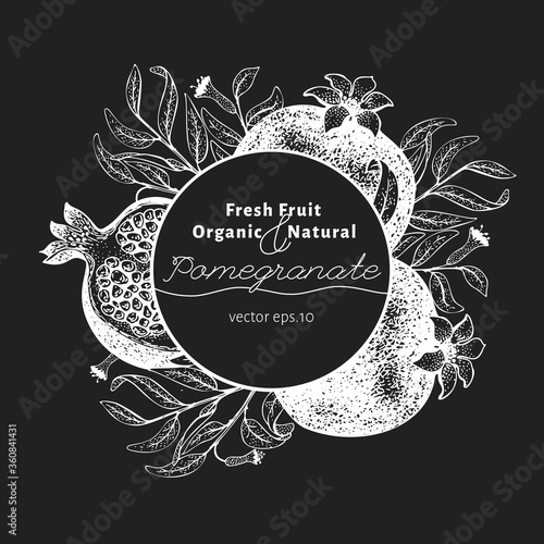 Pomegranate fruit design template. Hand drawn vector fruit illustration on chalk board. Retro botanical background.