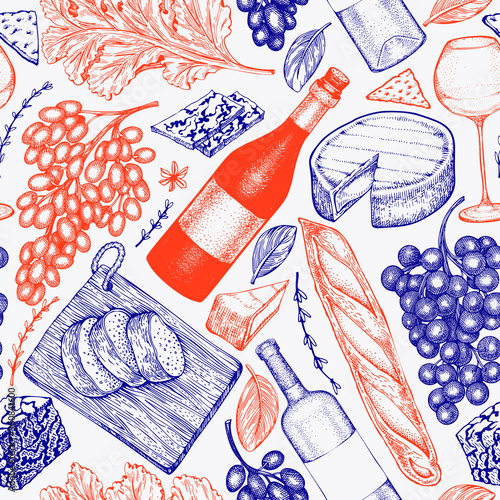 French food illustration seamless pattern. Hand drawn vector picnic meal illustrations. Engraved style different snack and wine design. Retro food background.
