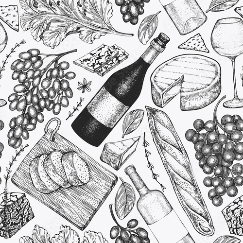 French food illustration seamless pattern. Hand drawn vector picnic meal illustrations. Engraved style different snack and wine design. Retro food background.