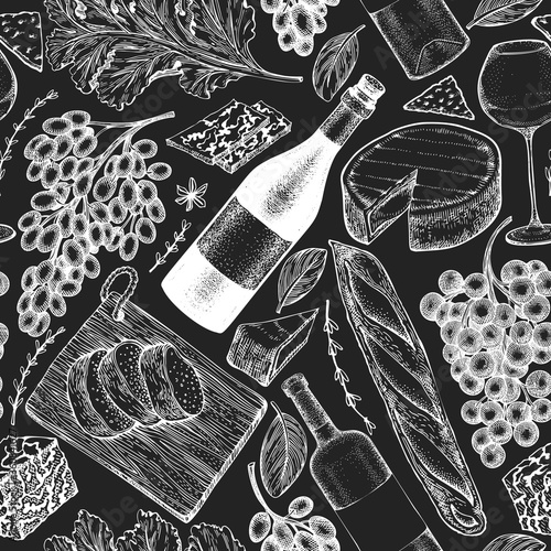 French food illustration seamless pattern. Hand drawn vector picnic meal illustrations on chalk board. Engraved style different snack and wine design. Vintage food background.