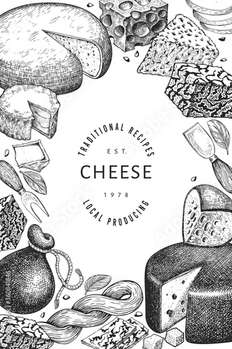 Cheese design template. Hand drawn vector dairy illustration. Engraved style different cheese kinds banner. Vintage food background.