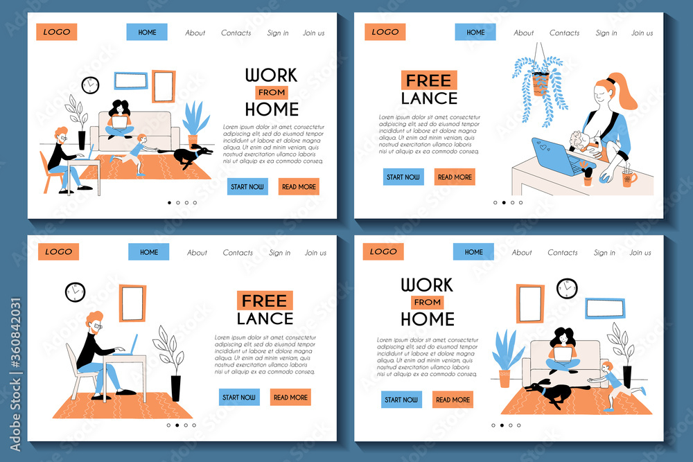 Web site templates set. Landing page for working from home and freelancing. Family of freelancers works with laptops. . Flat modern stock illustration. Website design easy to edit and customize.