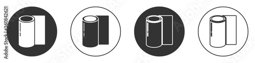 Black Fitness mat roll icon isolated on white background. Yoga mat rolled. Sport equipment. Circle button. Vector Illustration