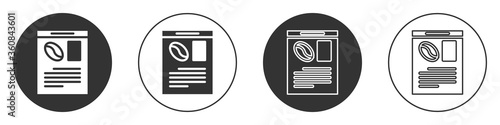 Black Newspaper and coffee icon isolated on white background. Mass media symbol. Circle button. Vector Illustration