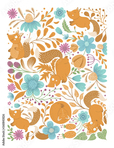 Vector ornate background with cute woodland animals, leaves, flowers, insects. Funny forest scene with foxes. Bright flat vertical illustration for children. Picture book, hide and seek activity game