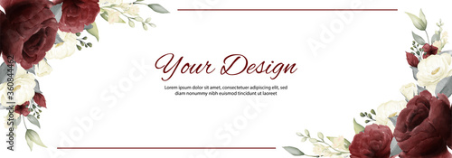 Rose watercolor white and red color blossom flower banner 