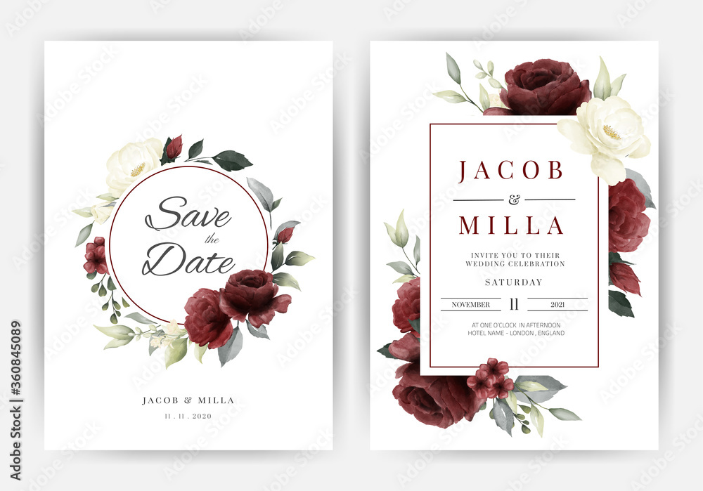 Wedding invitation card template set with white and red rose flower  watercolor wreath leave vector Stock Vector | Adobe Stock