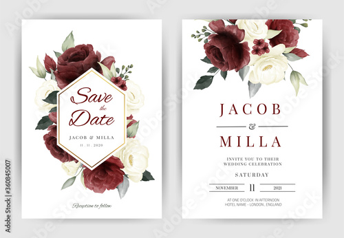 Wedding invitation card template set with bouquet white and red rose flower watercolor vector gold frame