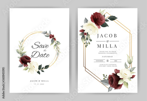 Wedding invitation card template set with flower red and white rose  watercolor and gold frame vector