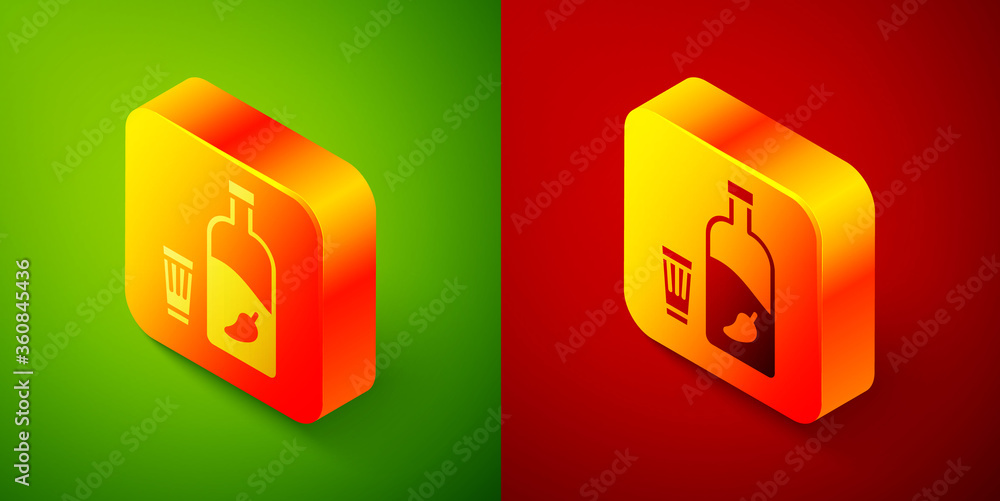 Isometric Vodka with pepper and glass icon isolated on green and red background. Ukrainian national alcohol. Square button. Vector Illustration Isometric Vodka with pepper and glass icon isolated on green and red background. Ukrainian national alcohol. Square button. Vector Illustration