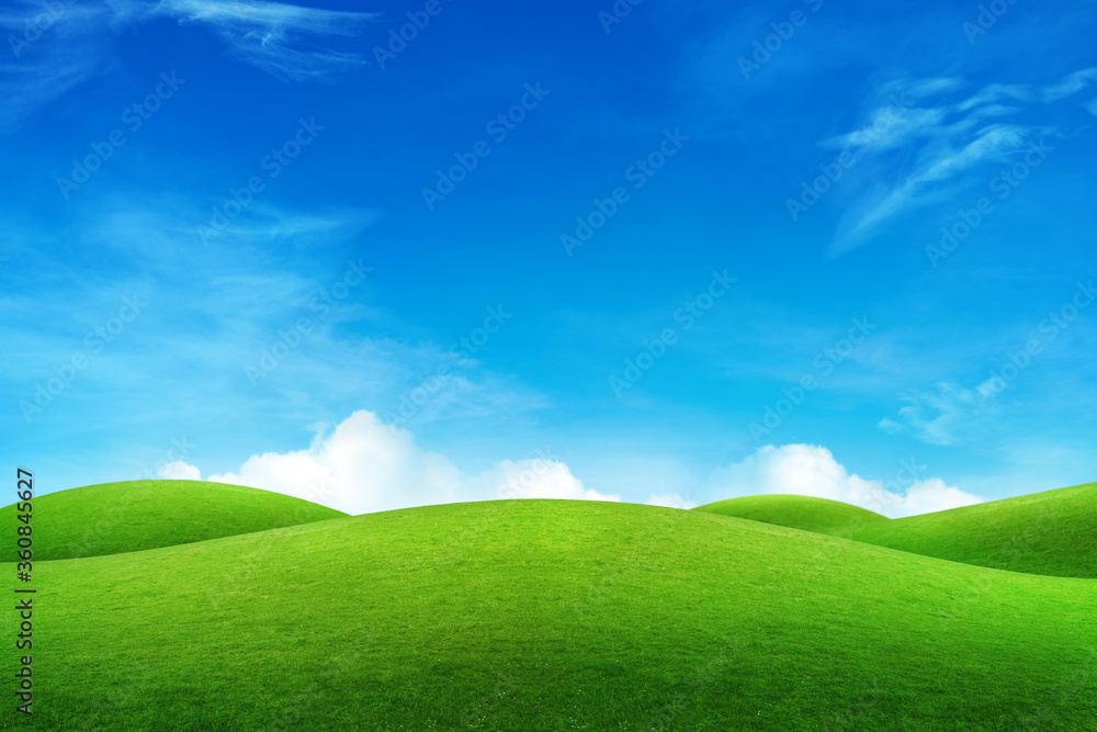 Beautiful landscape view of Green grass meadow field and little hill with white clouds and blue sky in summer seasonal.
