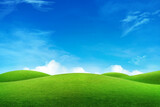 Beautiful landscape view of Green grass meadow field and little hill with white clouds and blue sky in summer seasonal.