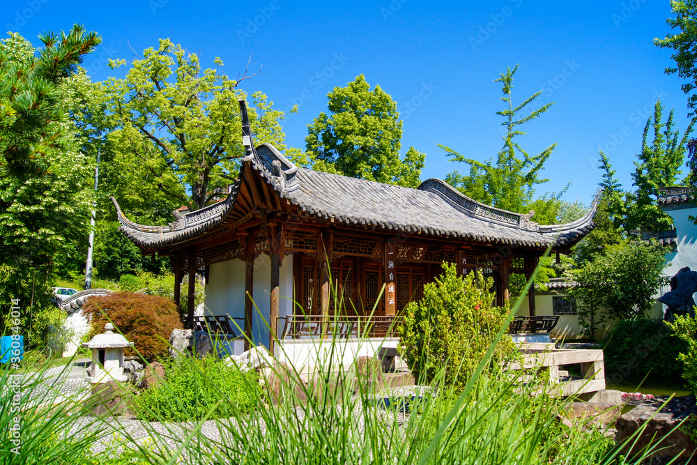 Scenic view of a beautiful Chinese temple building in the Chinese Garden in the city of Stuttgart, Germany under a clear blue sky. Bushes and plants surround this peaceful spot. Scenic view of a beautiful Chinese temple building in the Chinese Garden in the city of Stuttgart, Germany under a clear blue sky. Bushes and plants surround this peaceful spot.