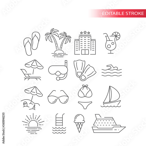 Summer travel, vacation or holiday vector icon set. Beach, hotel, palm tree, swimsuit summer tourism icons, outline, editable stroke.