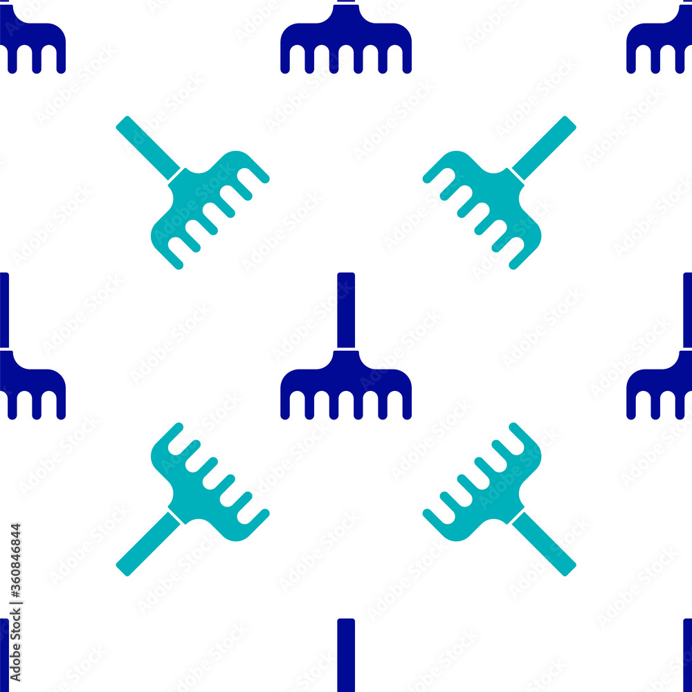 Blue Garden rake icon isolated seamless pattern on white background. Tool for horticulture, agriculture, farming. Ground cultivator. Vector Illustration Blue Garden rake icon isolated seamless pattern on white background. Tool for horticulture, agriculture, farming. Ground cultivator. Vector Illustration