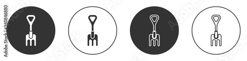 Black Garden rake icon isolated on white background. Tool for horticulture, agriculture, farming. Ground cultivator. Circle button. Vector Illustration